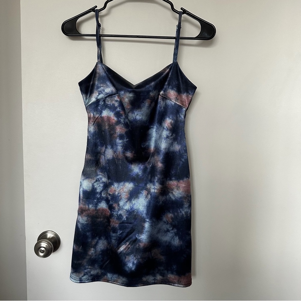 Urban Outfitters Navy and Rust Tie-Dye Satin Slip Dress